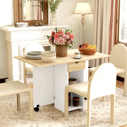 Folding Dining Table with Drawer and Storage Shelves - Oak