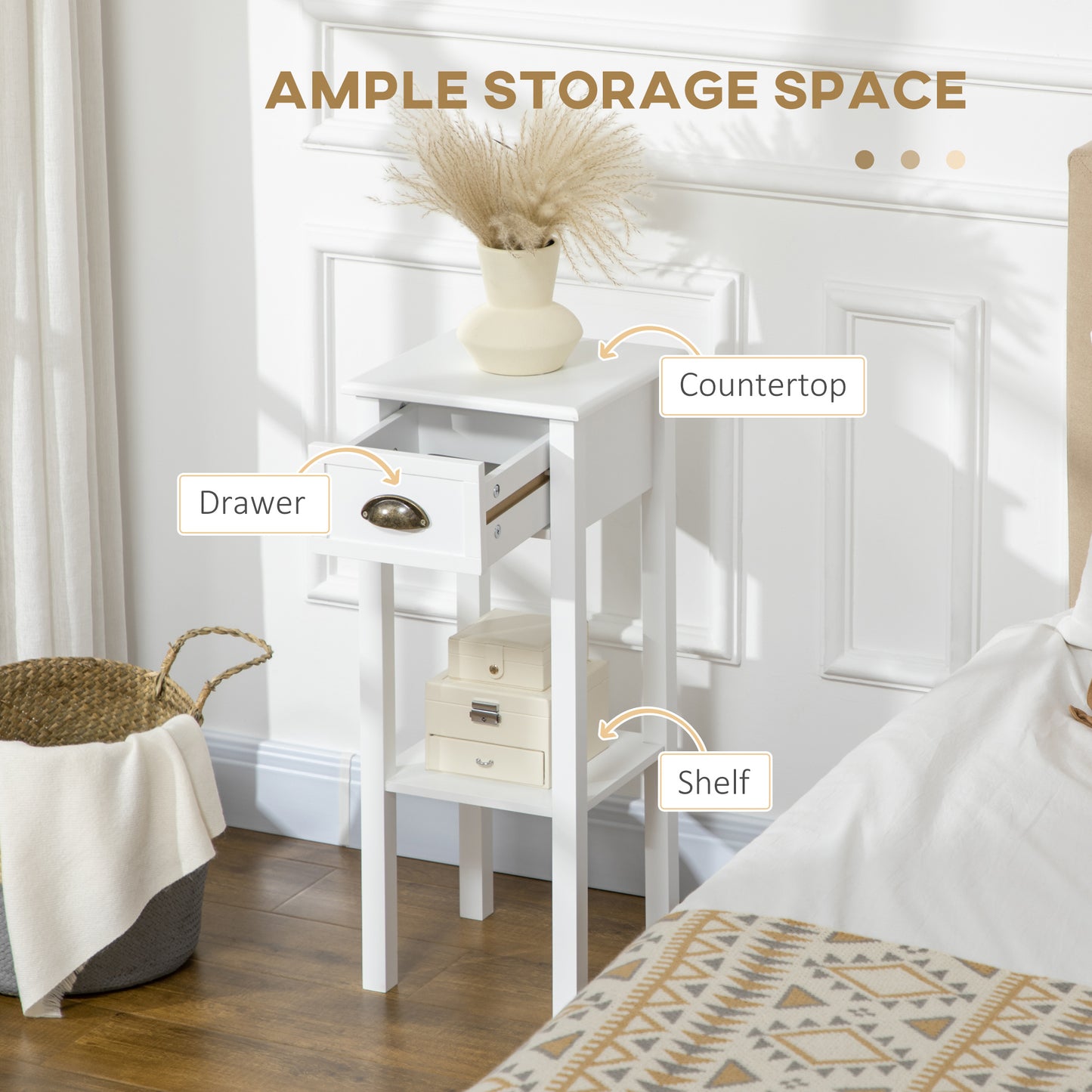Narrow Tall Side Tables with Drawer and Shelf, White (Set of 2)