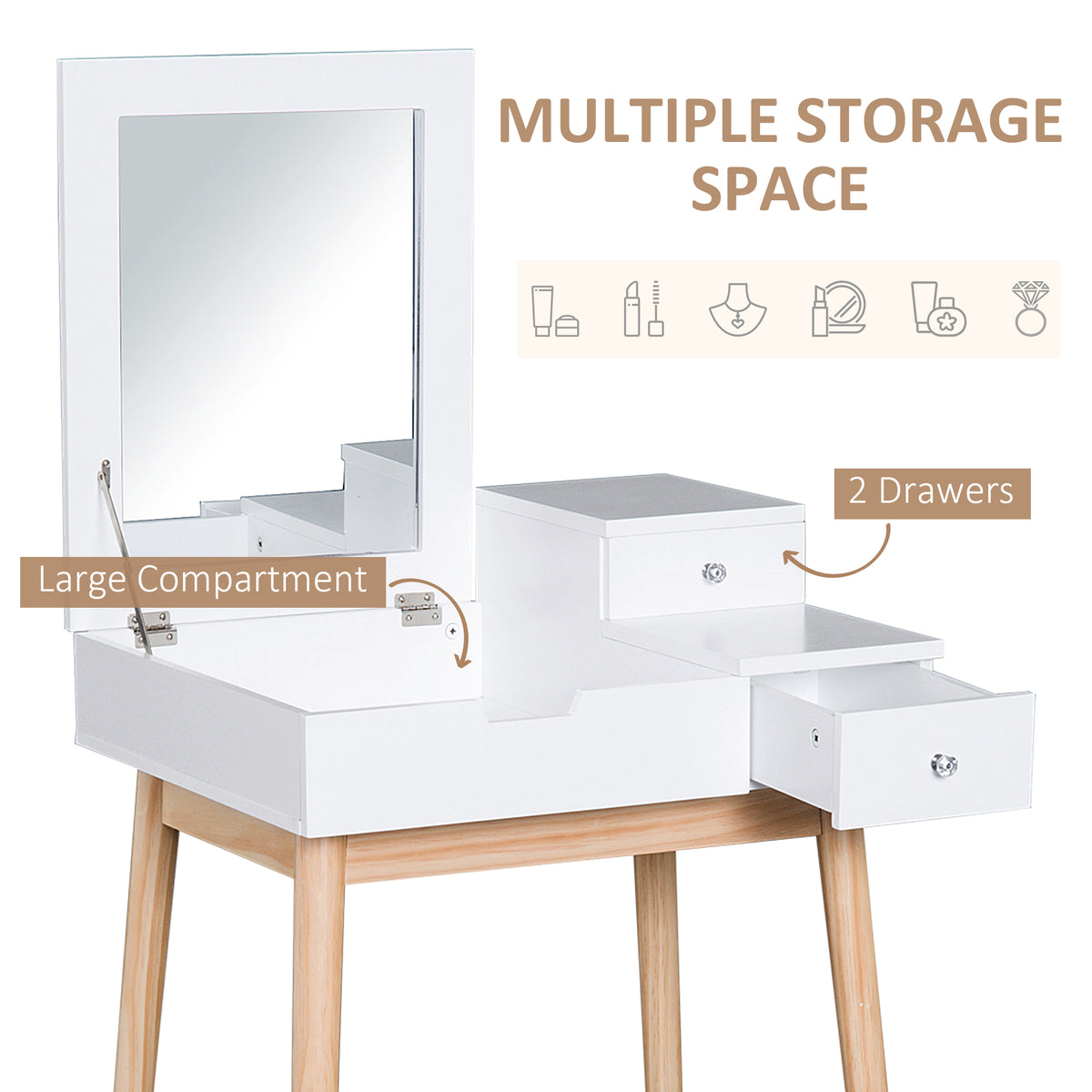 Makeup Vanity Table with Flip-Up Mirror and 2 Drawers, White