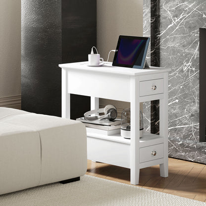 Narrow Side Table with Built-in Charging Station and USB Ports, White