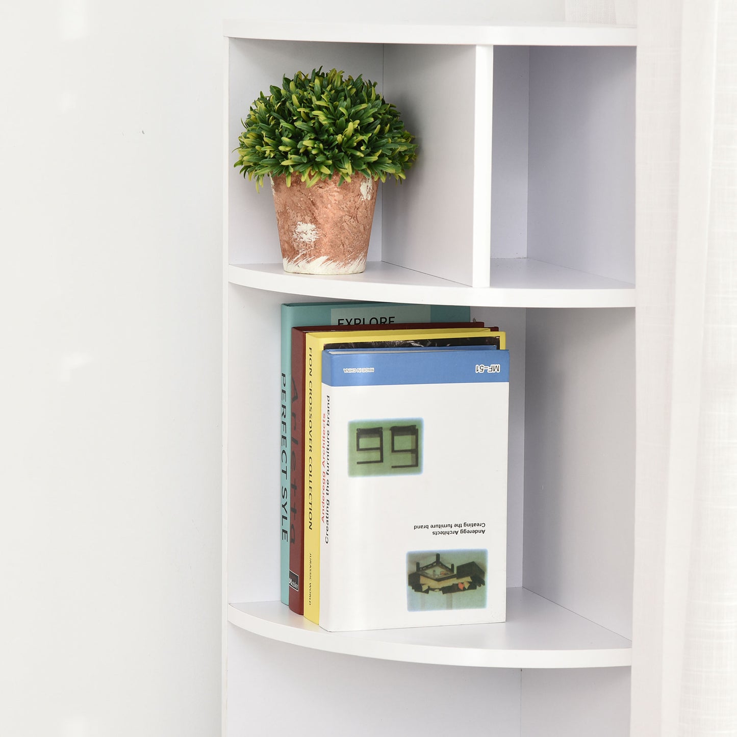 5-Tier Corner Bookcase with Cabinet, White