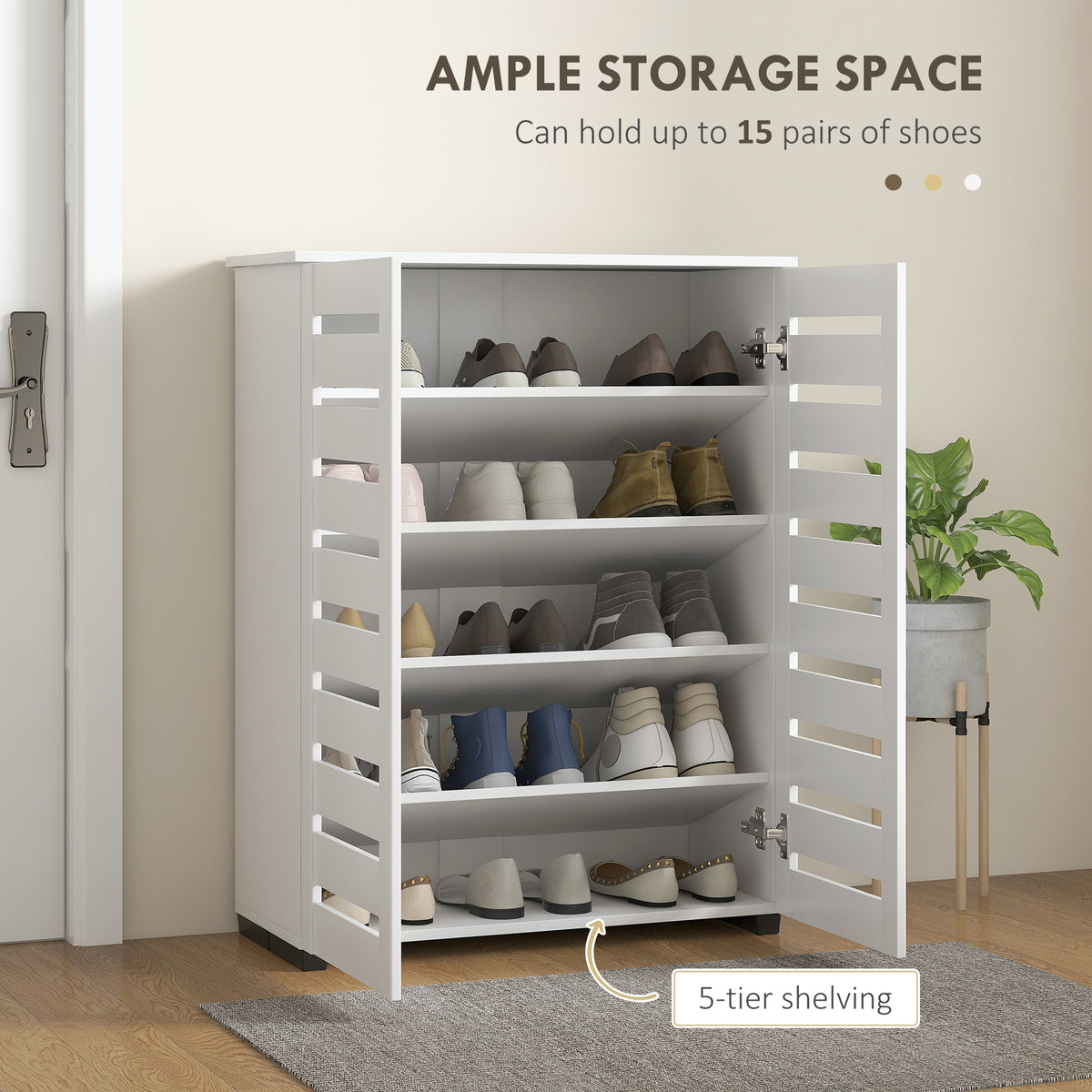 Slatted-Door Shoe Storage Cabinet, for 15 Pairs, White