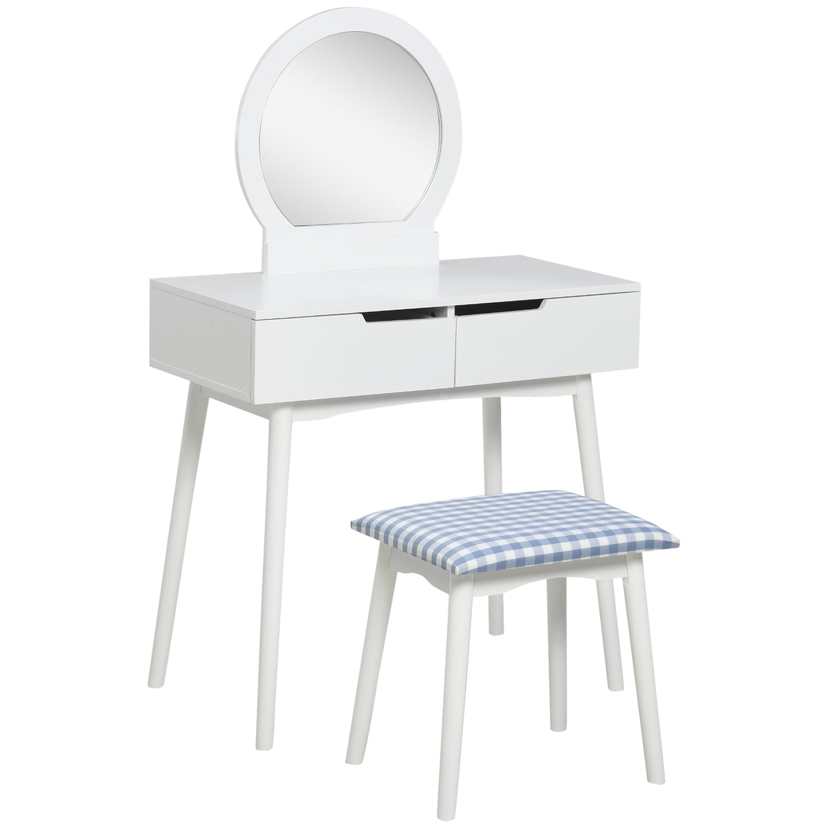 Makeup Vanity Desk with Round Mirror and Stool, White