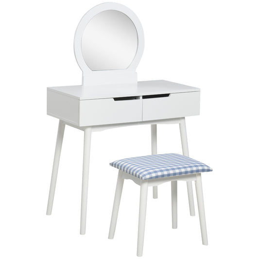 Makeup Vanity Desk with Round Mirror and Stool, White