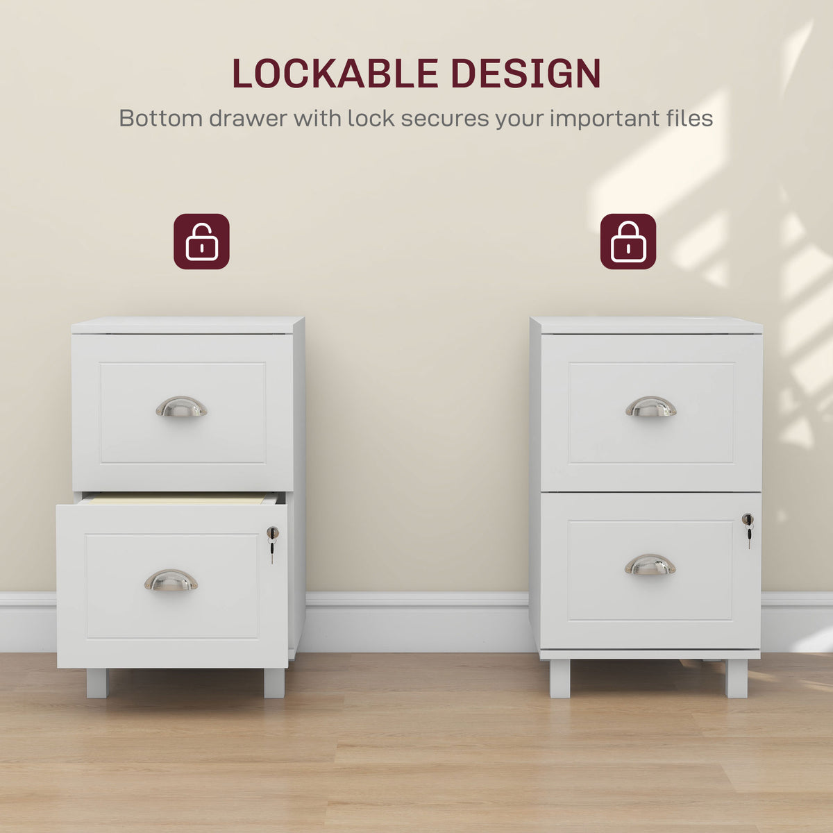 2-Drawer Small Filing Cabinet Lockable Home Office Storage Cabinet with Adjustable Hanging Bars for A4 Letter White
