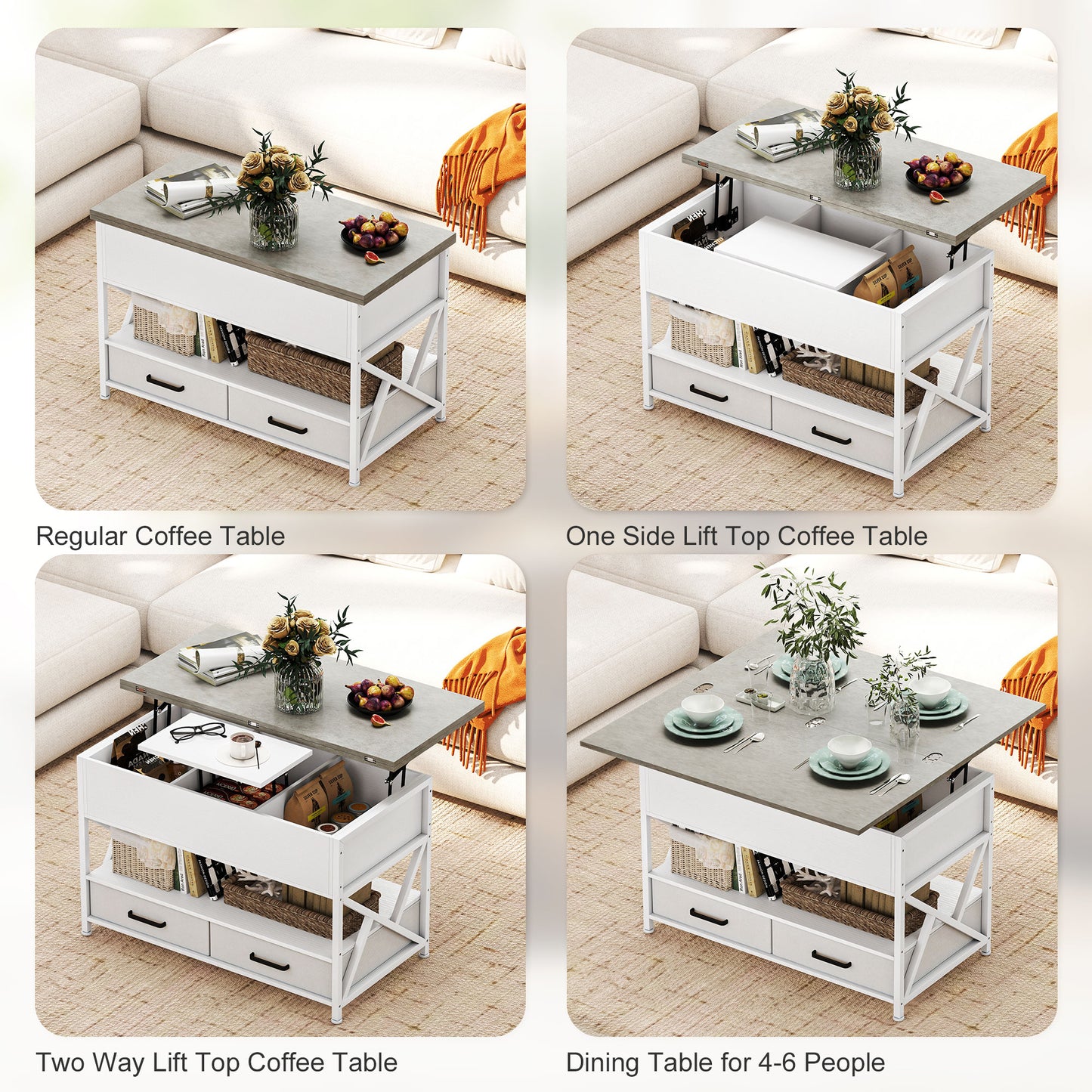 Modern Lift-Top Coffee Table with Storage, White