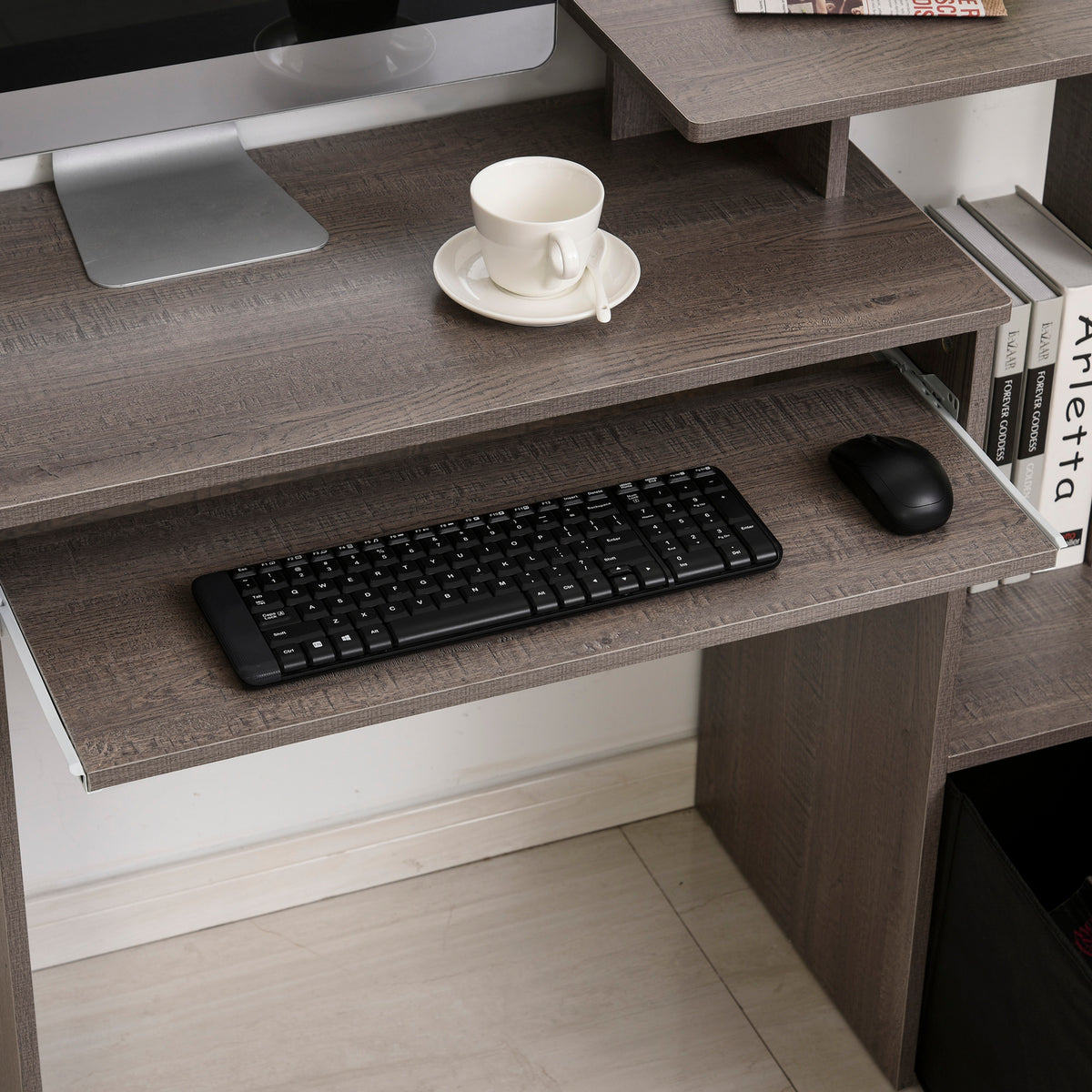 Computer Desk with Keyboard Tray, Drawer and Shelf, Grey