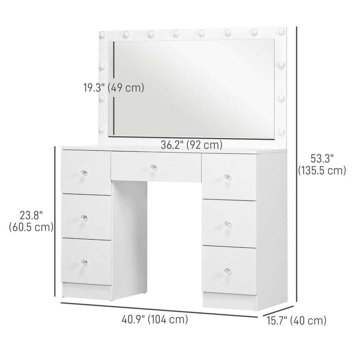 Makeup Vanity Table with Mirror, Lights, and 7 Drawers, White