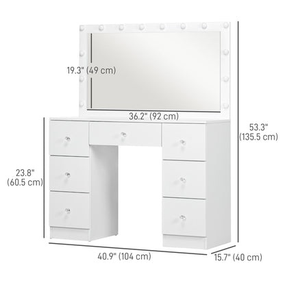 Makeup Vanity Table with Mirror, Lights, and 7 Drawers, White