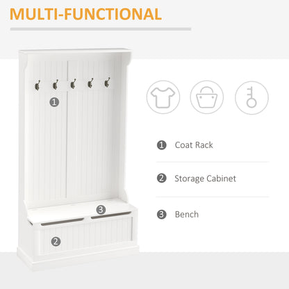 71" Hall Tree with Storage Bench and Coat Hooks, Cream White