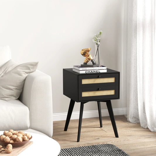 Boho Square Nightstands with 2 Rattan Drawers, Black (Set of 2)