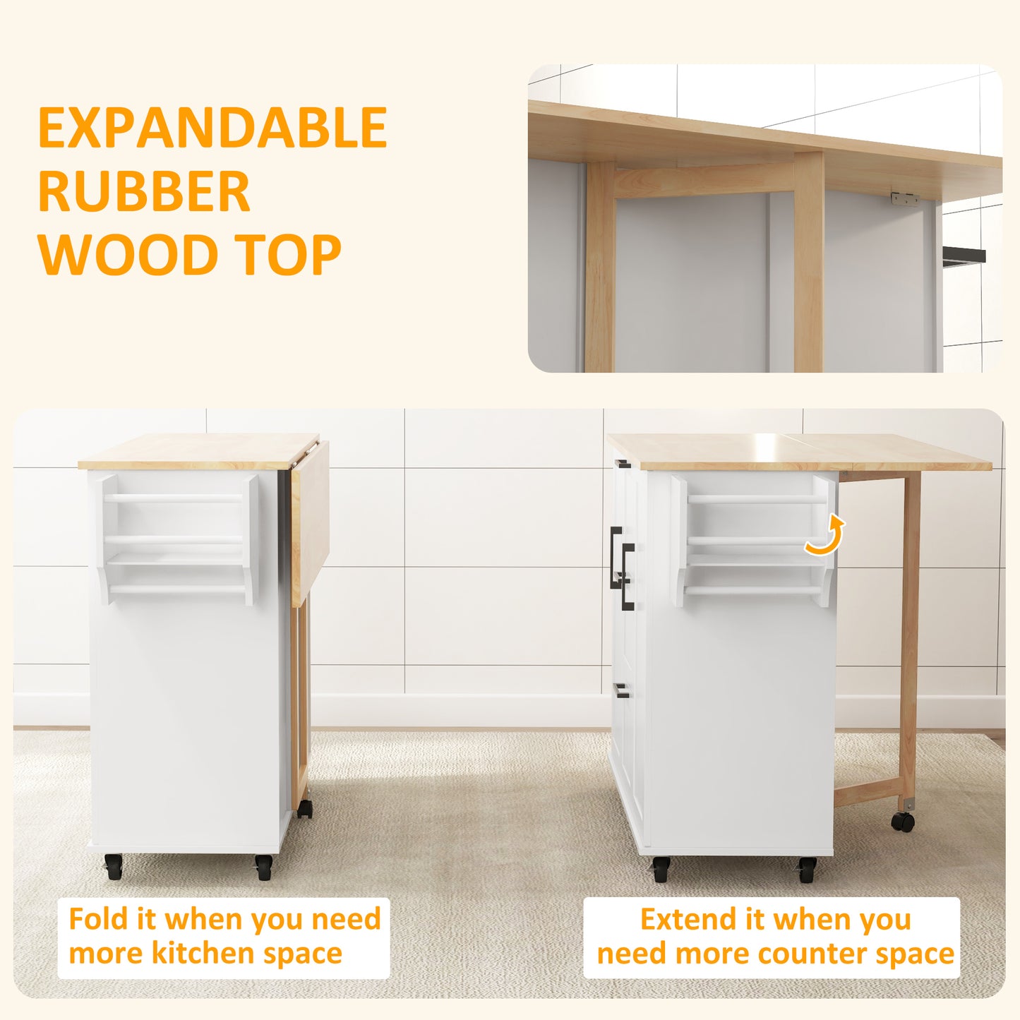 Rolling Kitchen Cart with Drop Leaf, 3 Drawers and Solid Wood Top, White