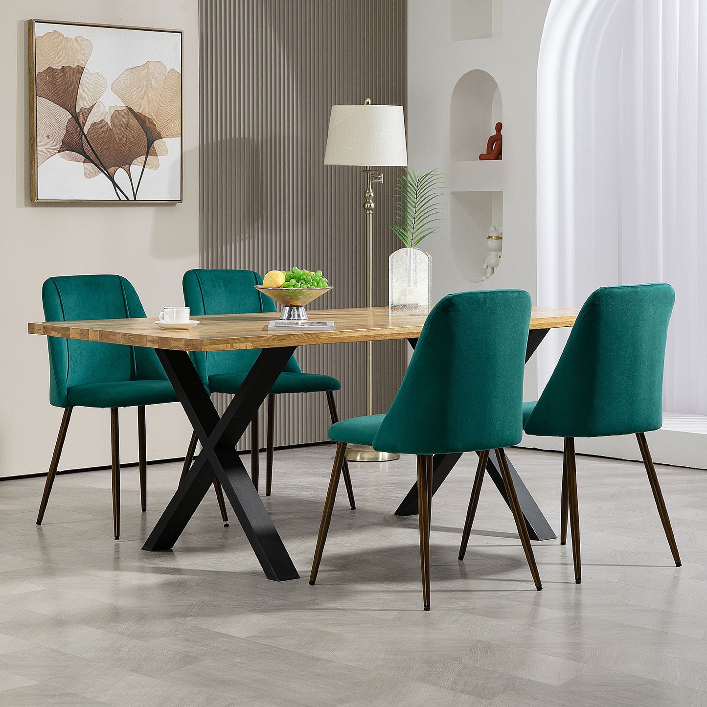 Velvet Accent Dining Chairs with Wood Grain Steel Legs, Green (Set of 4)