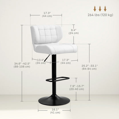 Adjustable Height Swivel Bar Stools with Tufted PU Leather, White (Set of 2)
