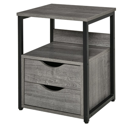 Industrial Style Nightstand with 2 Drawers and Storage Shelf, Gray