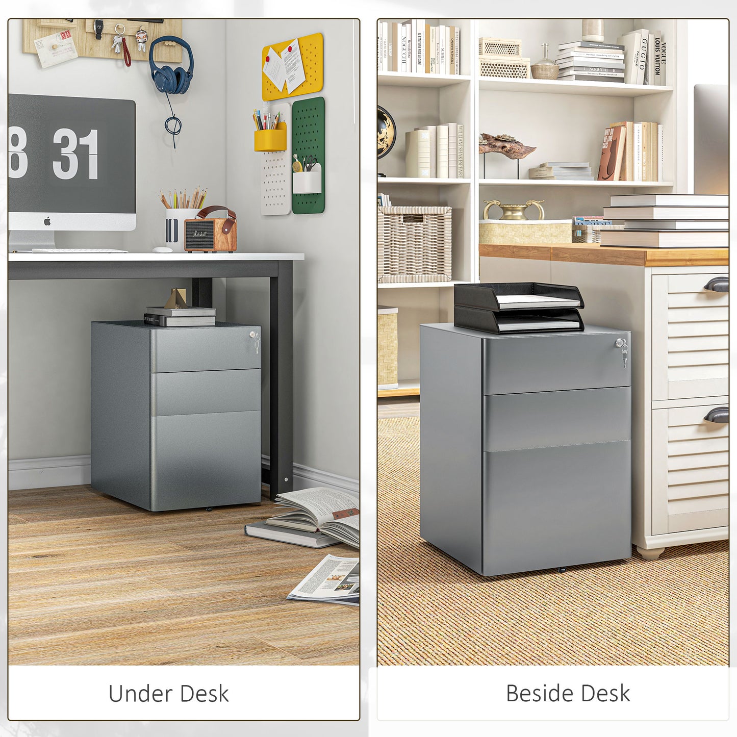 3-Drawer Steel Filing Cabinet with Wheels and Security Lock - Grey