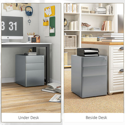 3-Drawer Steel Filing Cabinet with Wheels and Security Lock - Grey