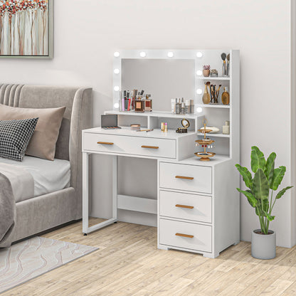 LED Vanity Table with Mirror, Drawer, and Storage Shelves, White