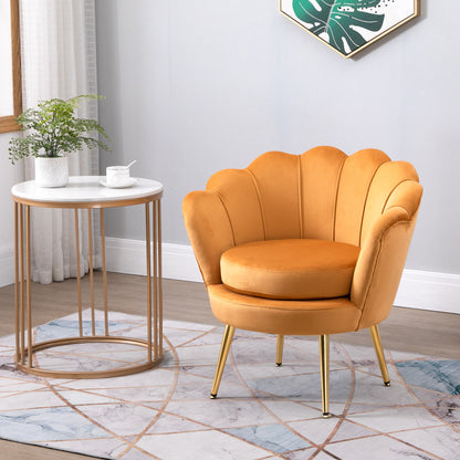 Modern Velvet Accent Chair with Lotus Backrest and Gold Legs, Yellow