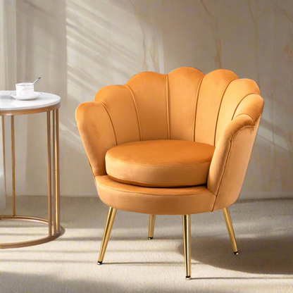 Modern Velvet Accent Chair with Lotus Backrest and Gold Legs, Yellow