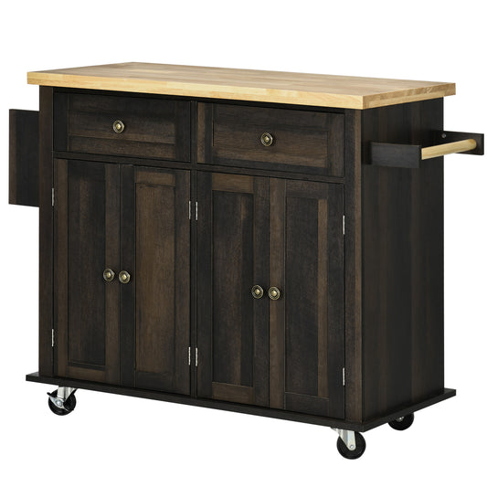 Rolling Kitchen Trolley with Rubber Wood Top and Spice Rack and Towel Rack, Brown