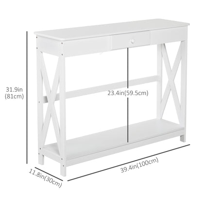 39" X-Design Console Table with Drawer and Storage Shelf, White