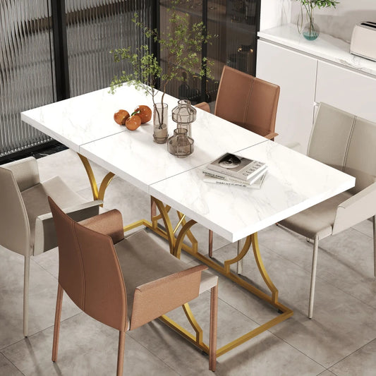 59" Dining Table with Marble Pattern and Metal Pedestal - White