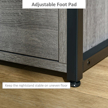 Industrial Style Nightstand with 2 Drawers and Storage Shelf, Gray