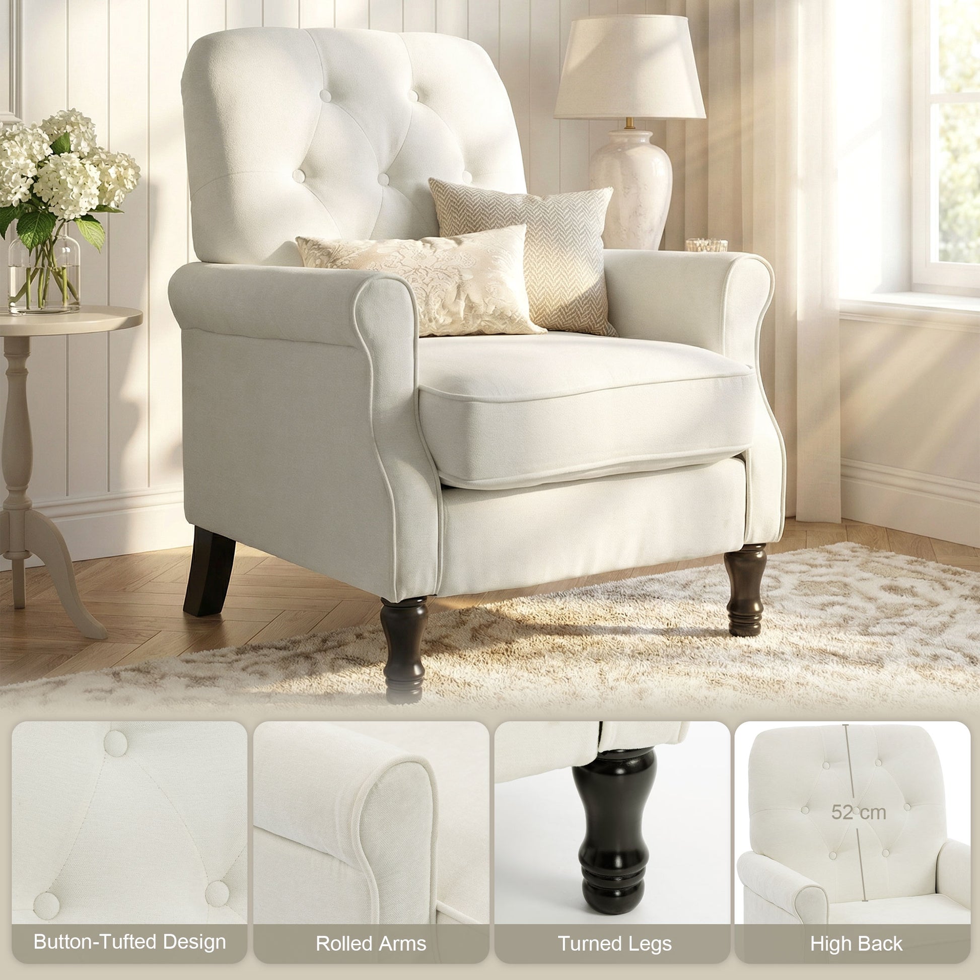 Upholstered Accent Chair with Pillow, Cream White