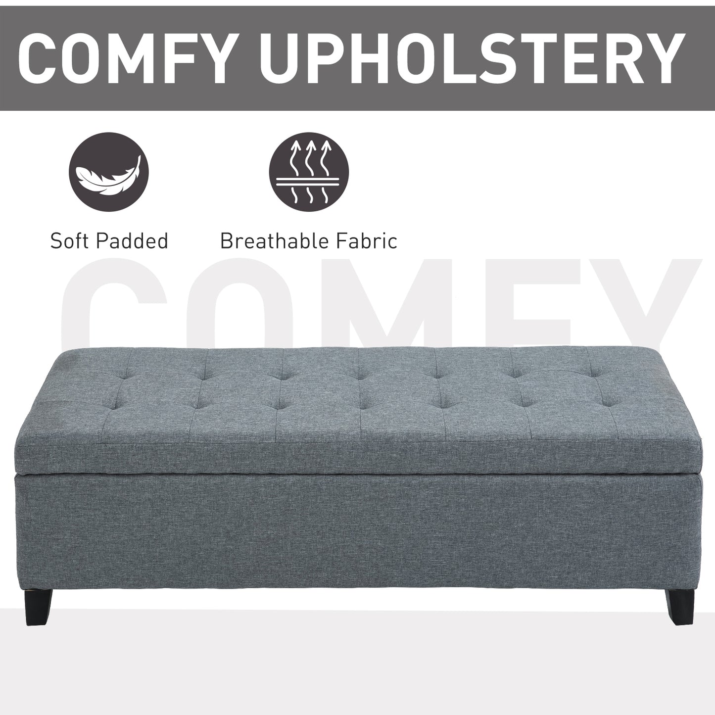 Rectangular Tufted Storage Bench with Wood Feet, Gray