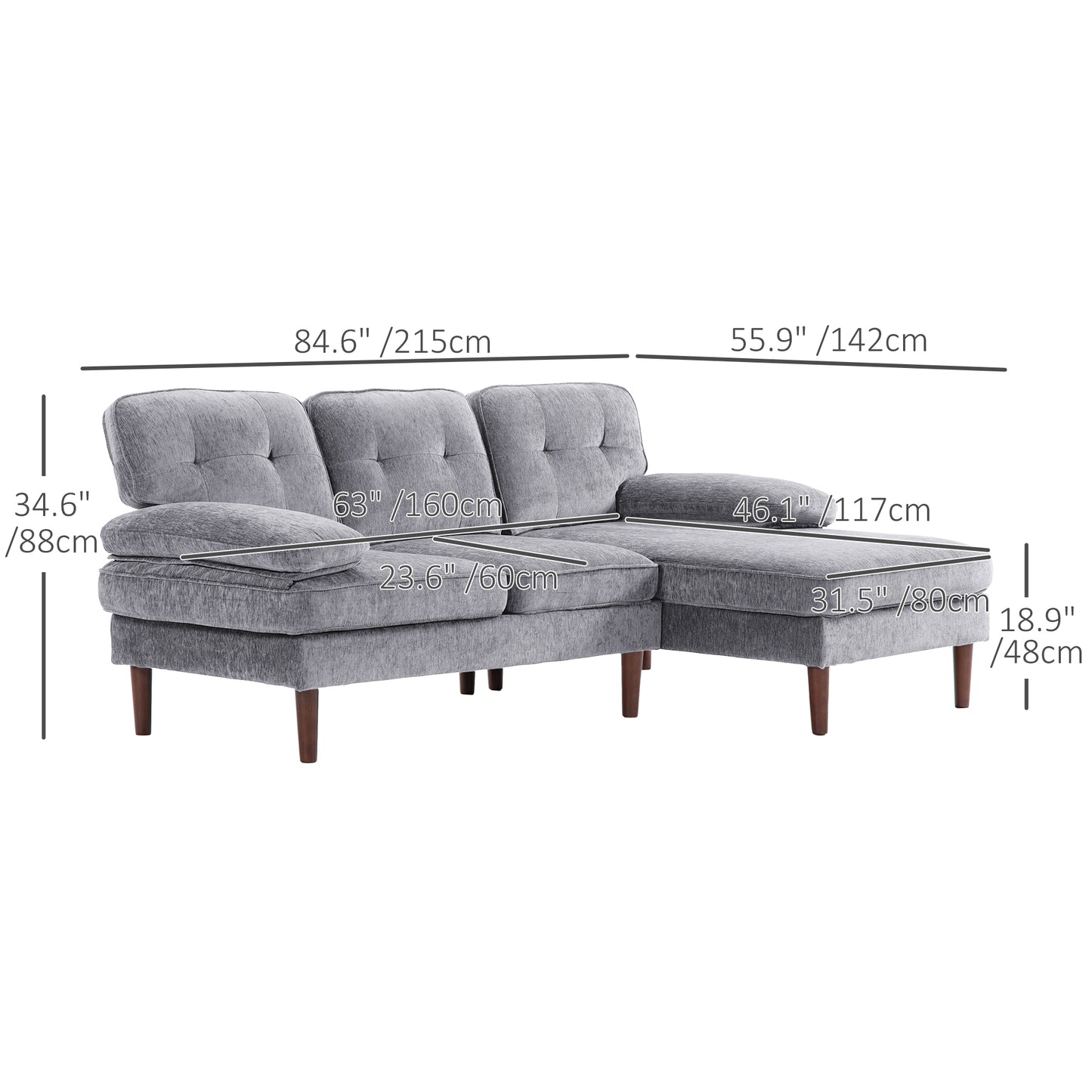 Tufted L-Shaped Corner Sofa with Right Chaise Lounge, Grey