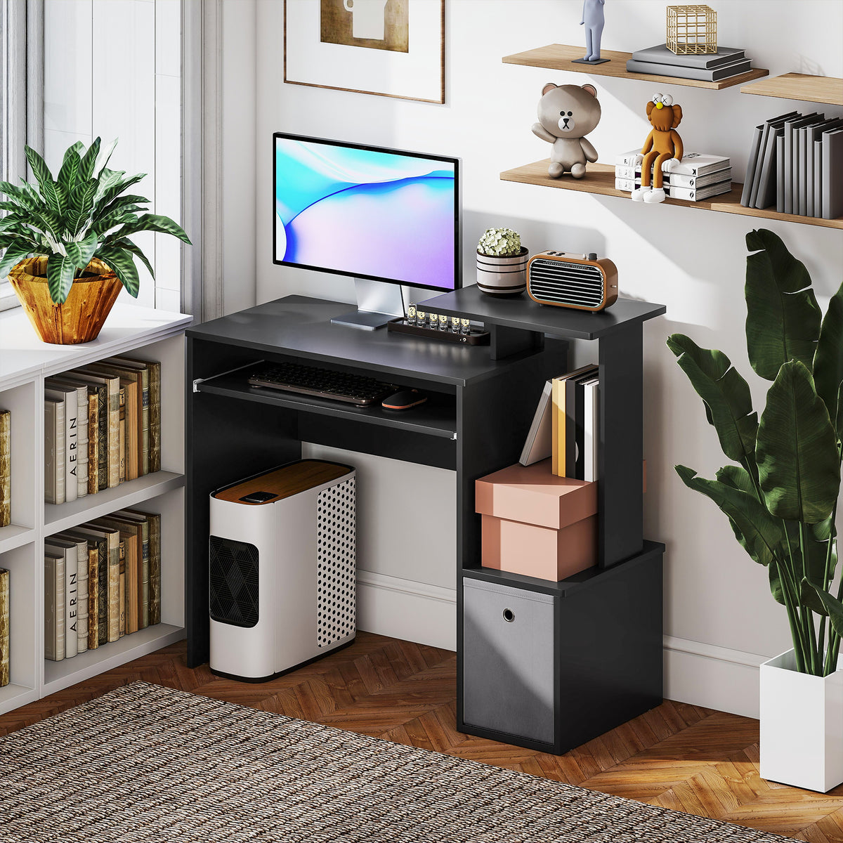 Computer Desk with Keyboard Tray, Drawer and Shelf, Black