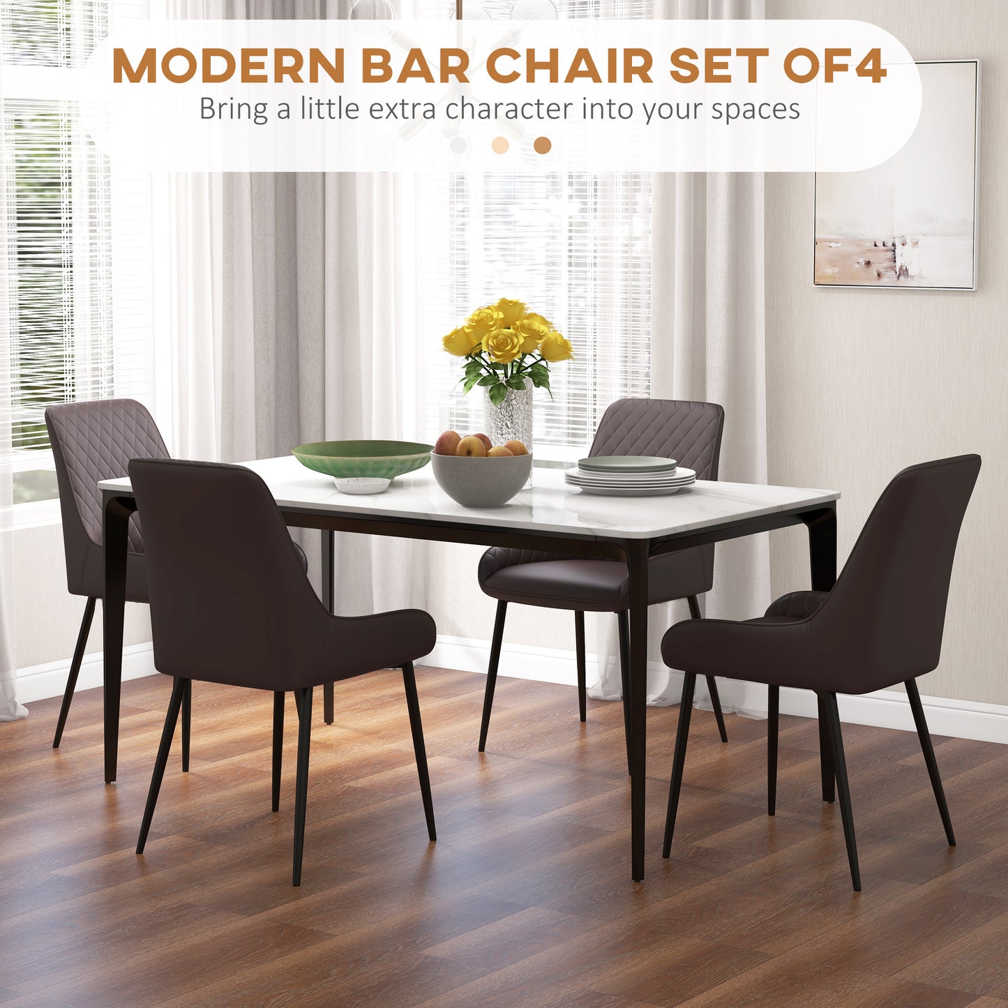PU Leather Dining Chairs with Diamond Tufting and Metal Legs, Brown (Set of 4)