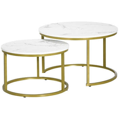 29" Round Nesting Coffee Tables with Faux Marble Top, White and Gold (Set of 2)