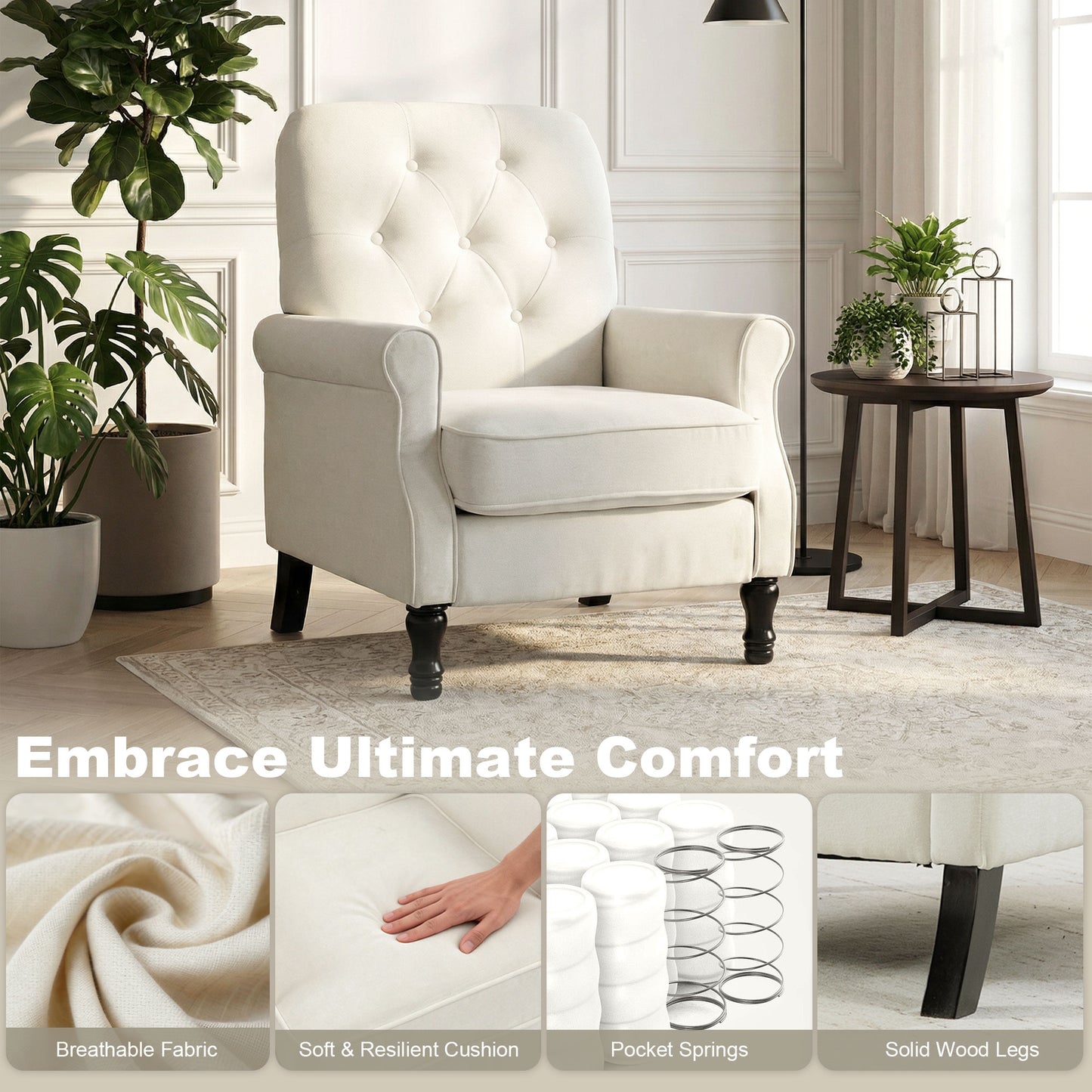 Upholstered Accent Chair with Pillow, Cream White