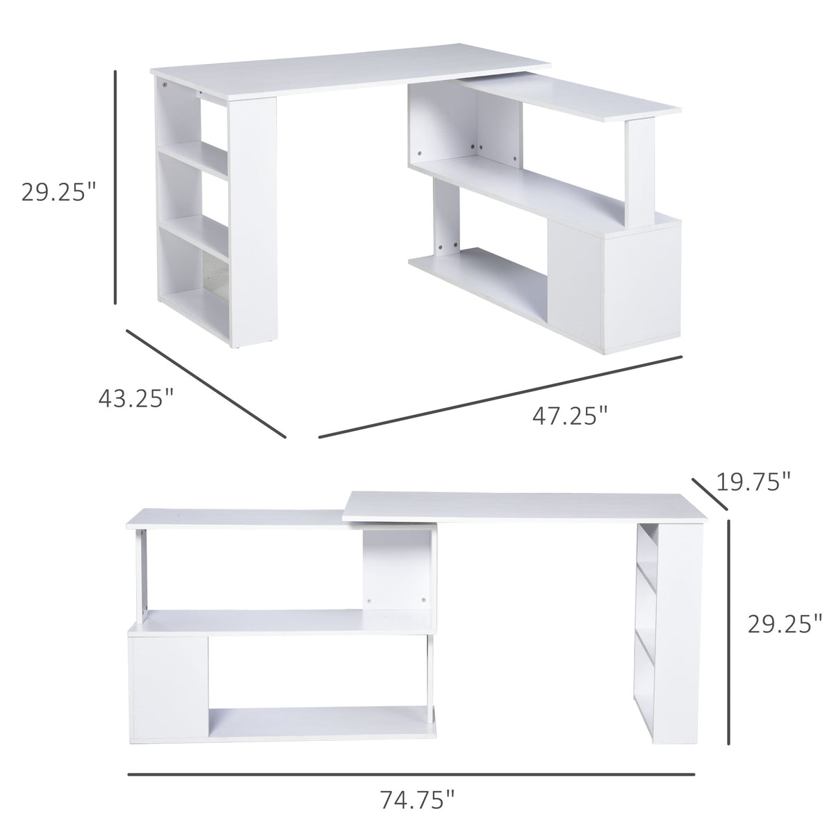47" Rotating L-Shaped Computer Desk with Storage Shelves, White