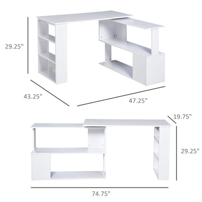 47" Rotating L-Shaped Computer Desk with Storage Shelves, White
