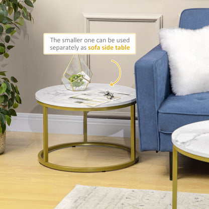 29" Round Nesting Coffee Tables with Faux Marble Top, White and Gold (Set of 2)