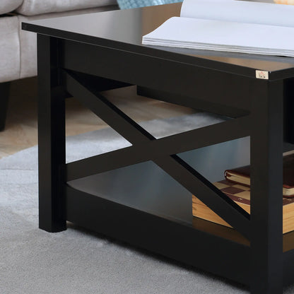 Farmhouse Coffee Table with Drawers and X-Frame, Black