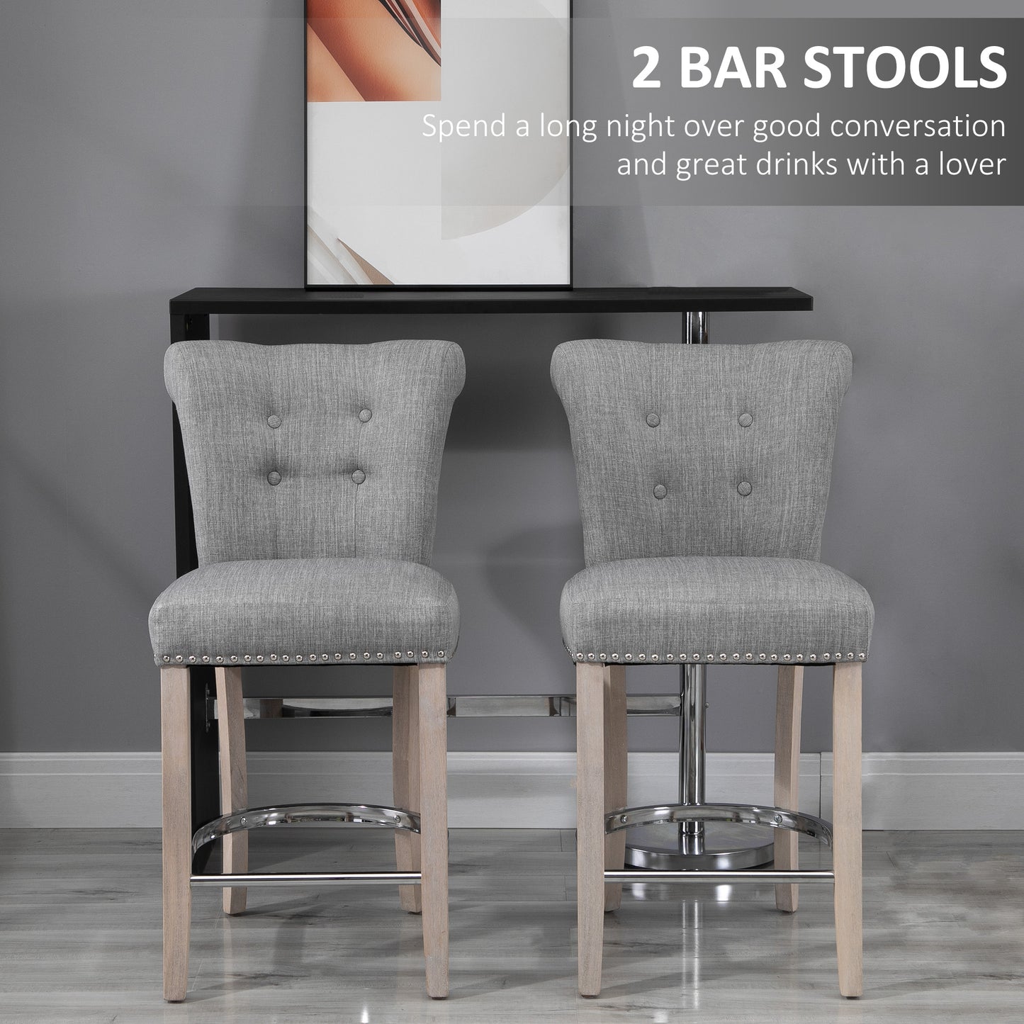 Upholstered Counter Stools with Button Tufted Back and Wood Legs, Gray (Set of 2)