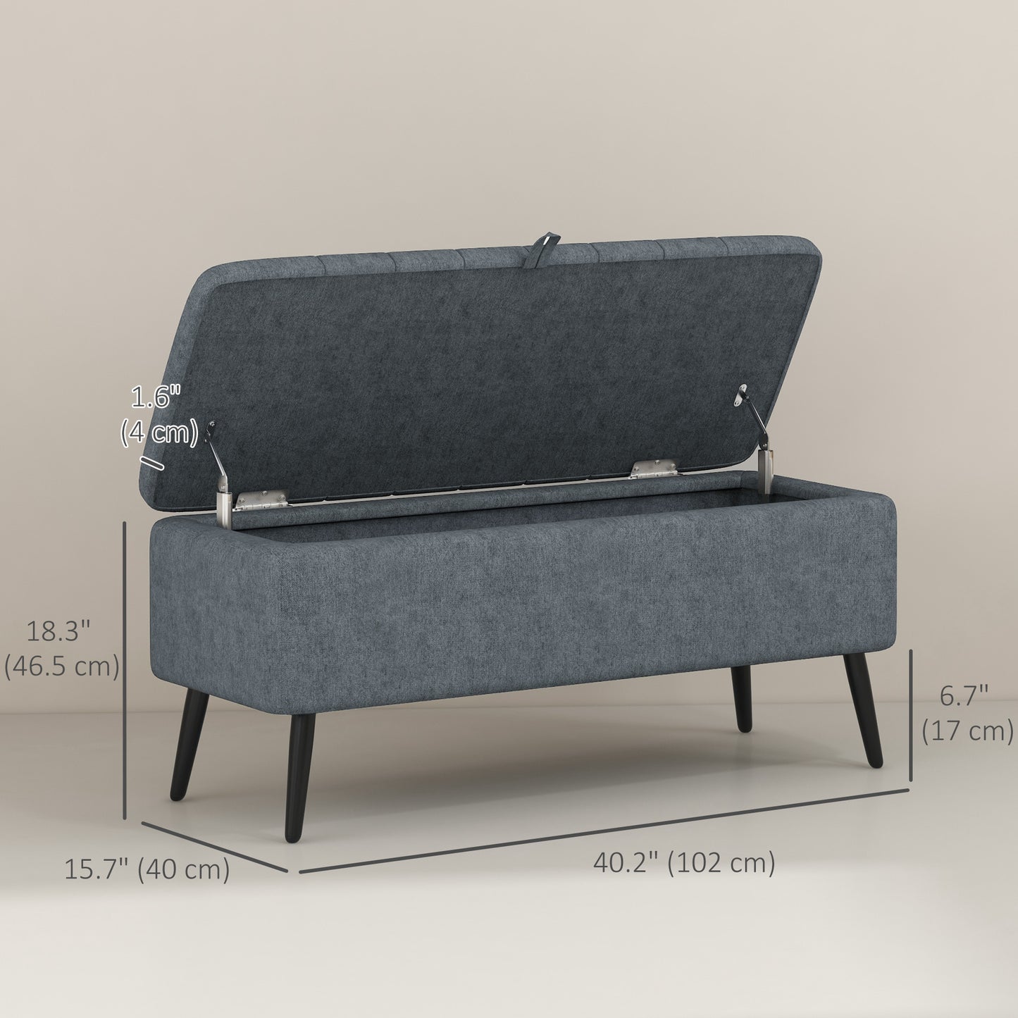 40" Linen Storage Ottoman Bench with Steel Legs, Dark Gray