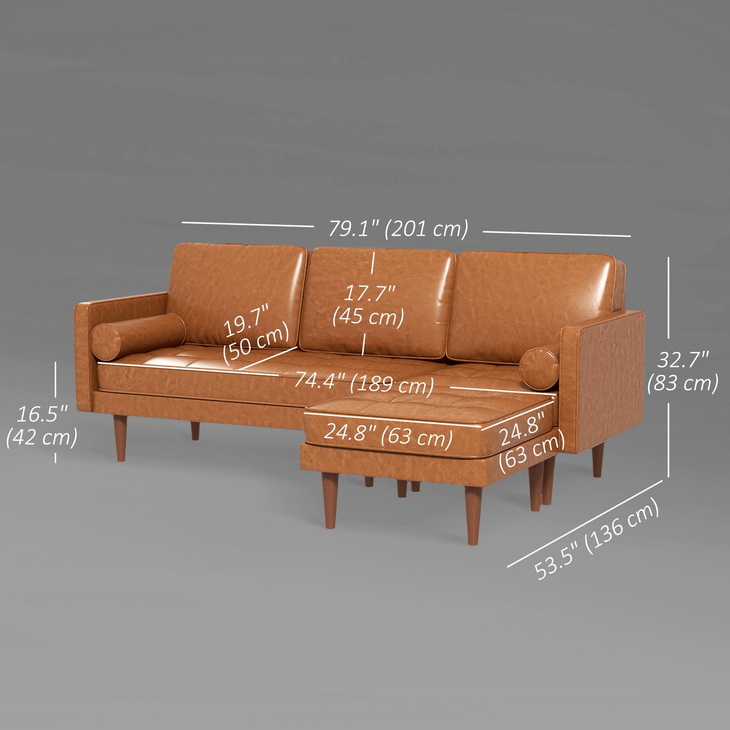 Faux Leather L-Shaped Sectional Sofa with Footstool and Pillows, Brown