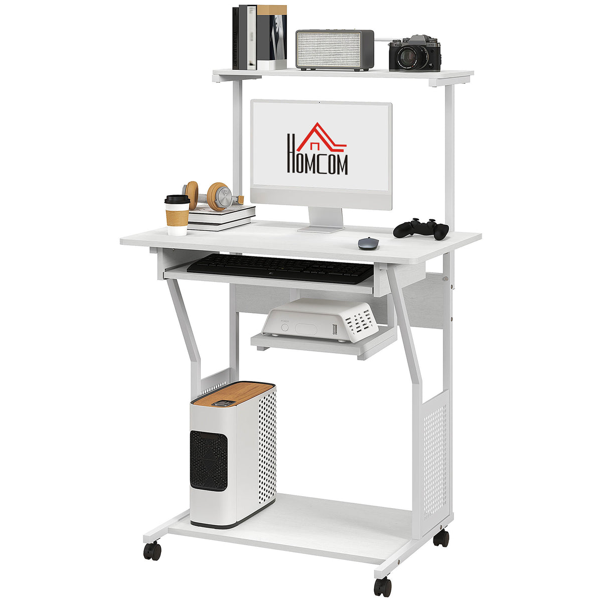 32" Mobile Computer Desk with Keyboard Tray and Shelves, White