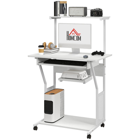 32" Mobile Computer Desk with Keyboard Tray and Shelves, White