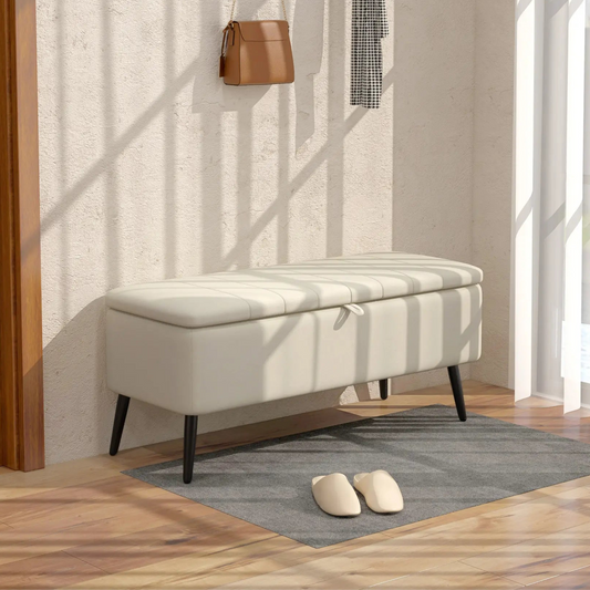 40" Linen Storage Ottoman Bench with Steel Legs, Cream White