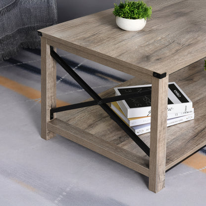 Coffee Table with X-Bar Storage Shelf, Oak