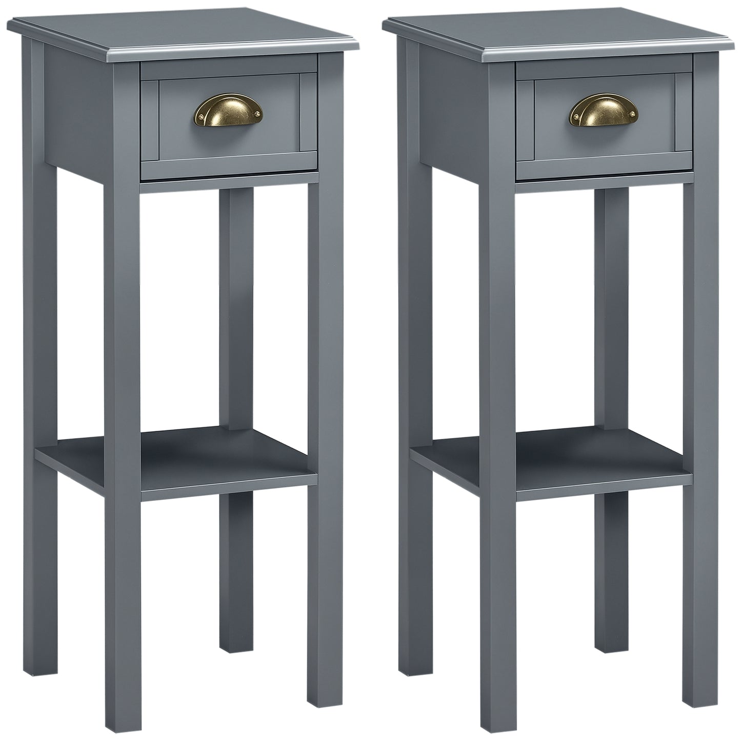 Narrow Tall Side Tables with Drawer and Shelf, Gray (Set of 2)