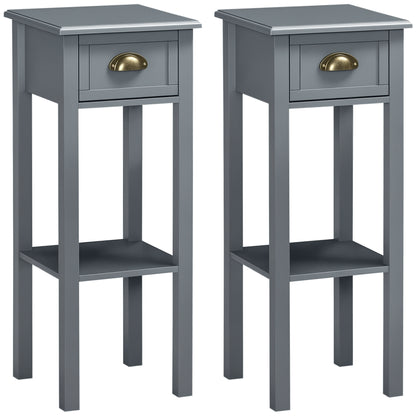 Narrow Tall Side Tables with Drawer and Shelf, Gray (Set of 2)
