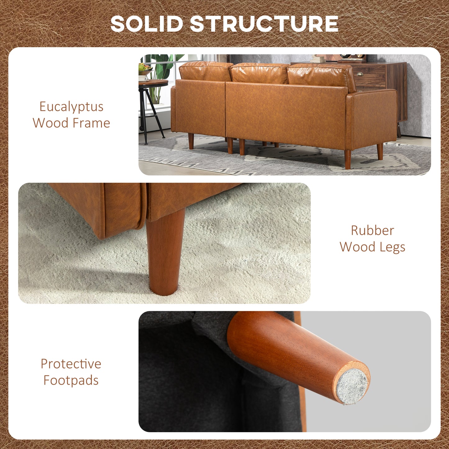 Faux Leather L-Shaped Sectional Sofa with Footstool and Pillows, Brown