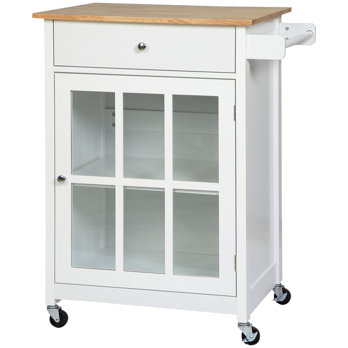 Rolling Kitchen Island Cart with Towel Rack and Glass-Door Cabinet and Drawer, White